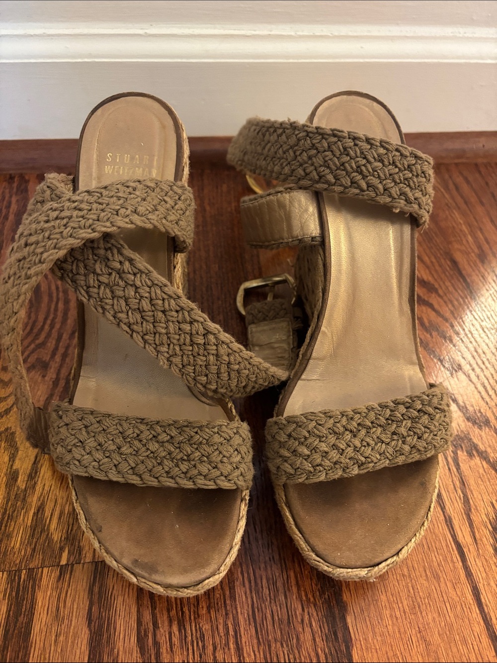 Stuart Weitzman Braided Tan Espadrille Wedge Sandals